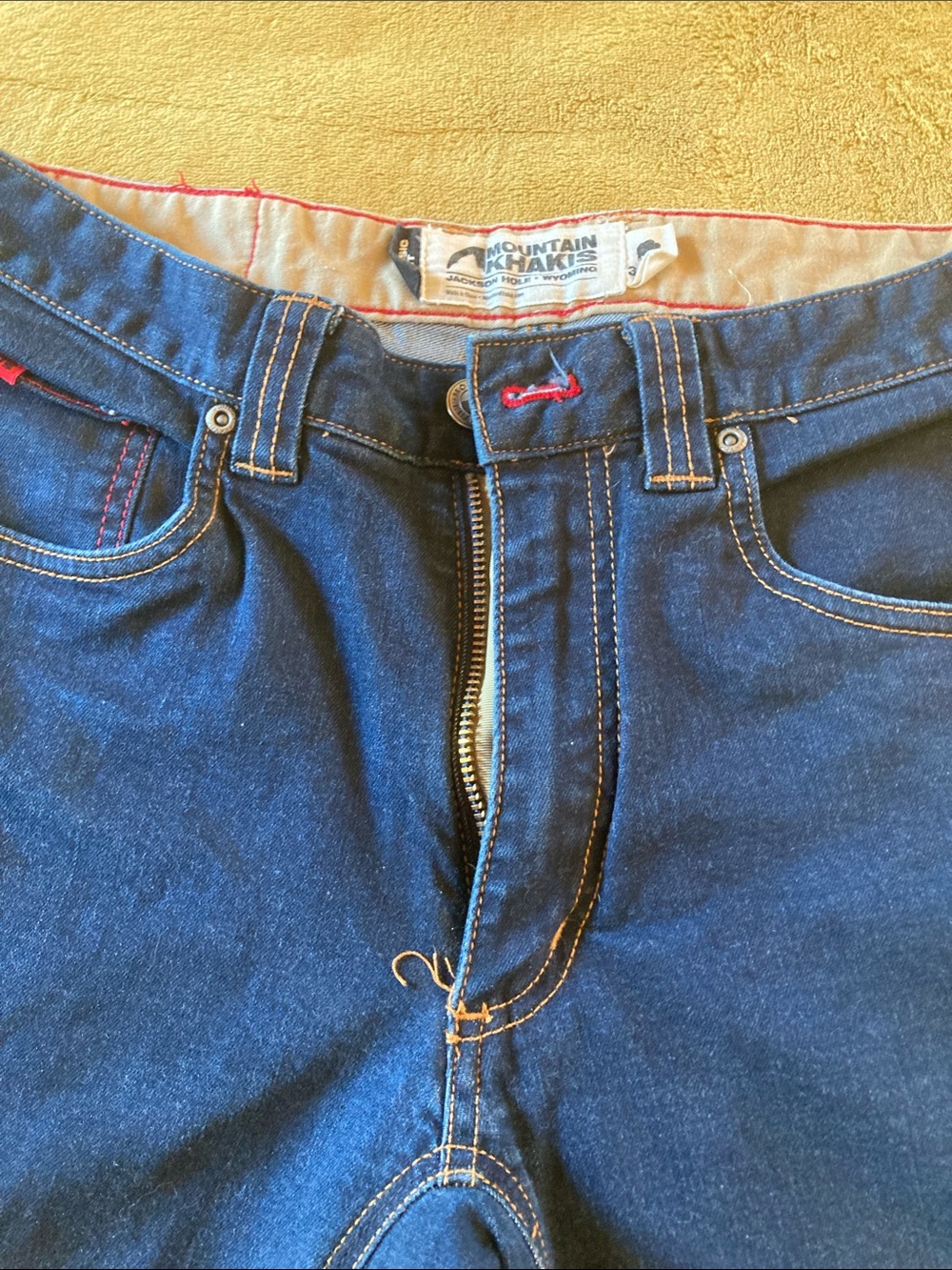 Mountain Khakis Men's Dark Blue Slim Jeans with Red Stitching